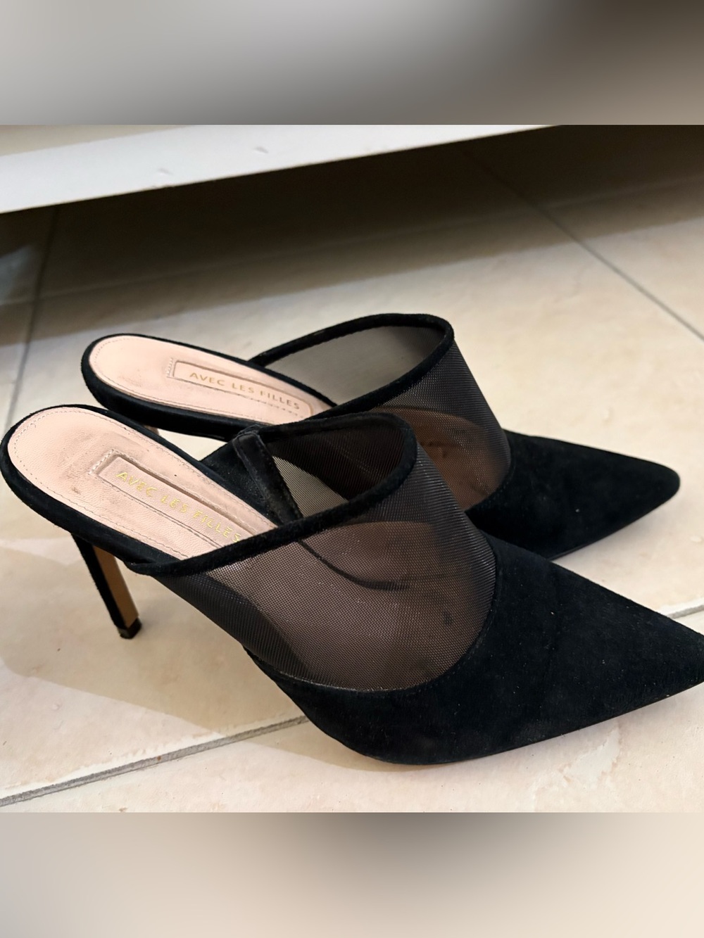 Avec Les Filles Black Mesh Pointed-Toe Mule Heels